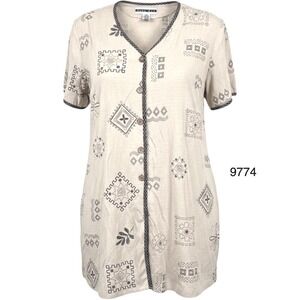 Dana Kay Tunic Top Womens 18W Beige Tribal Geometric Print Button Front V Neck